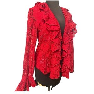 Y2K Red Sheer Lace Ruffle Top Bell Sleeve Romantic Fairy Goth Top Women's Size S